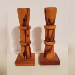 Two Vintage Handcrafted Wooden Candlesticks 8.5" tall